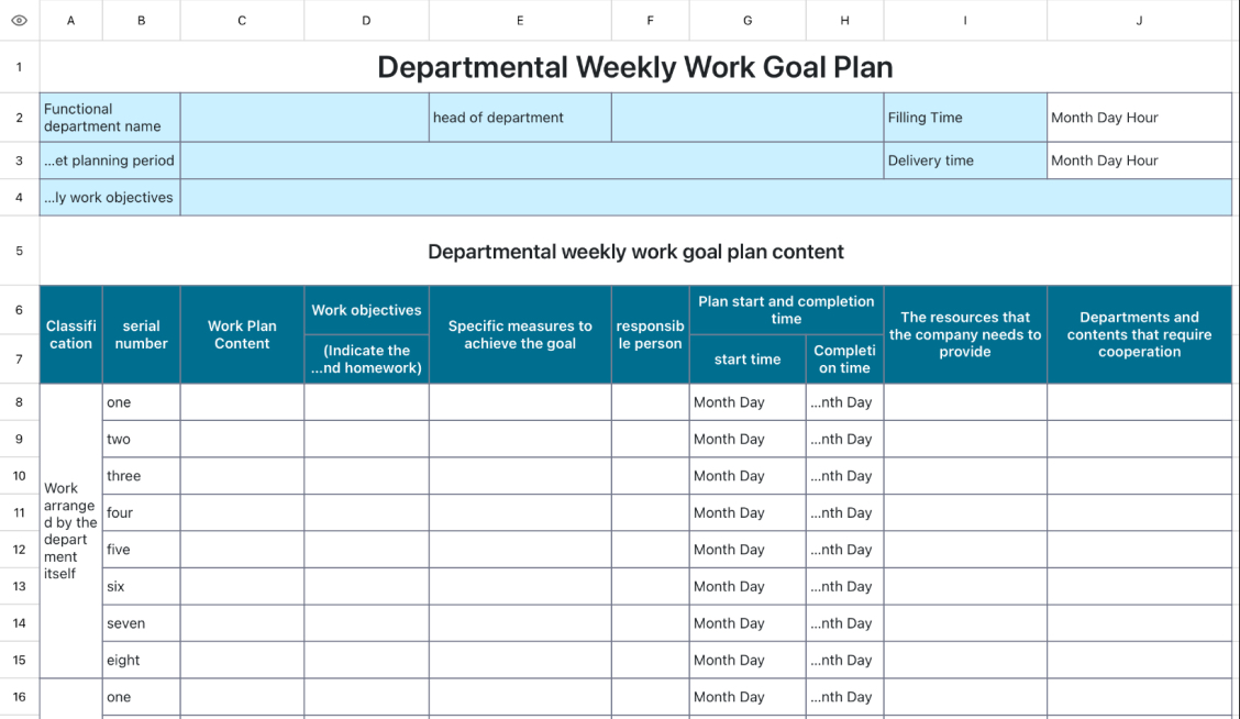 Departmental Weekly Work Goal Plan